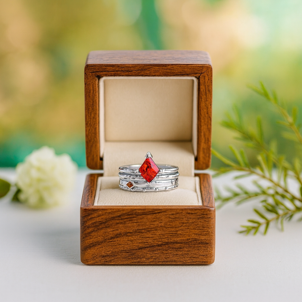 Wooden jewelry box with a silver ring featuring a red gemstone, surrounded by greenery.