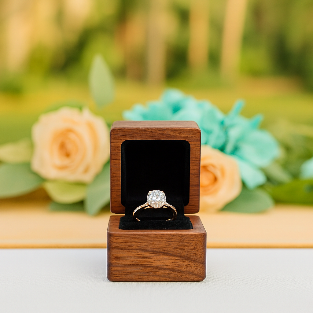 Wooden ring box with a diamond ring on a blurred floral background
