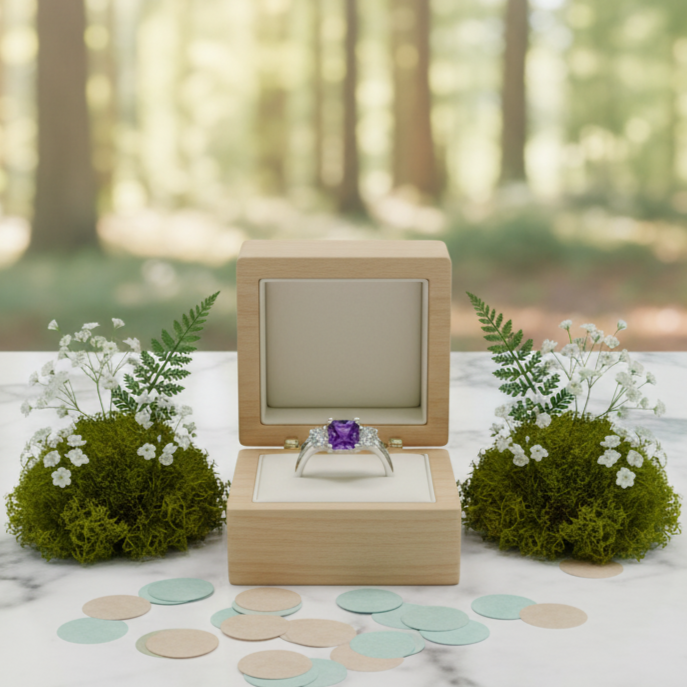 Wooden ring box with a purple gemstone on a marble surface with a forest background
