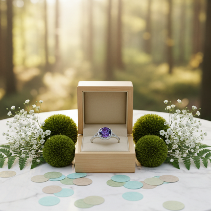 Wooden ring box with a purple gemstone on a marble table in a forest setting