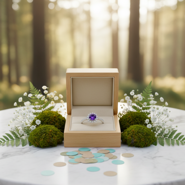 Wooden ring box with a ring on a marble surface in a forest setting
