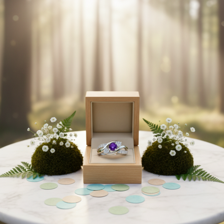 Wooden ring box with a ring on a marble table in a forest setting
