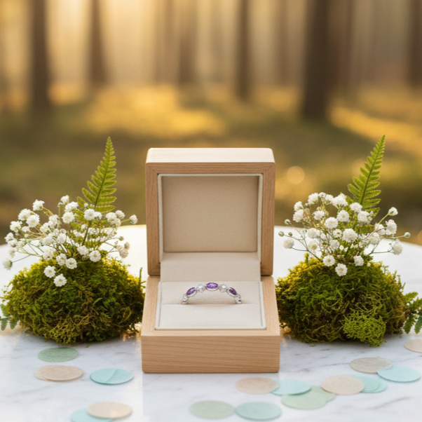 Wooden ring box with a ring on a marble table in a forest setting