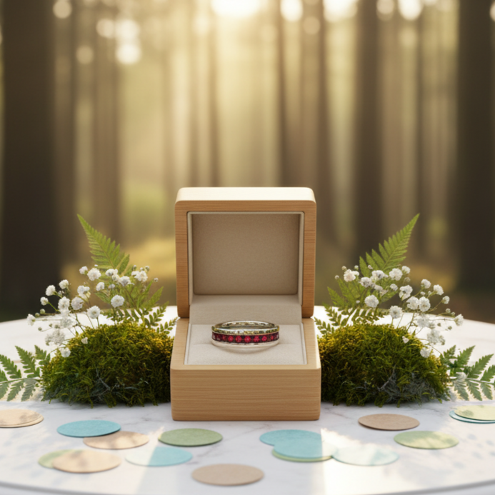 Wooden ring box with a ring on a table in a forest setting