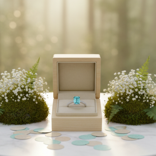 Wooden ring box with a ring on a table in a forest setting