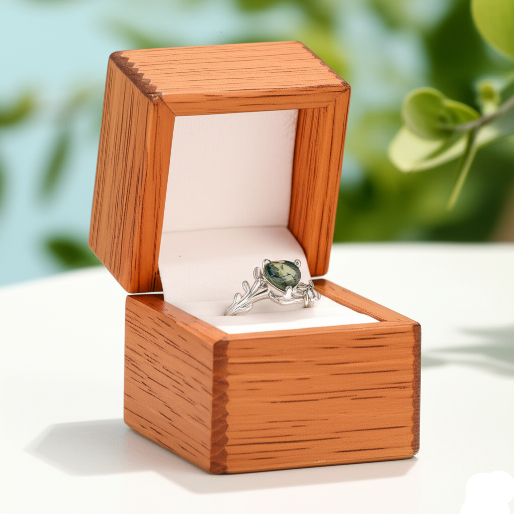 Wooden ring box with a silver ring featuring a green gemstone on a white surface with a blurred natural background.