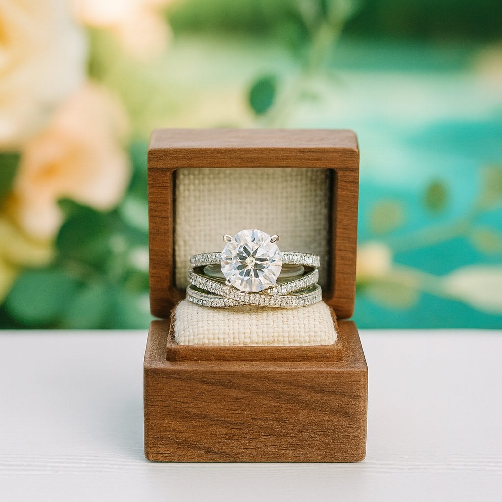 Wooden ring box with two diamond rings on a blurred natural background