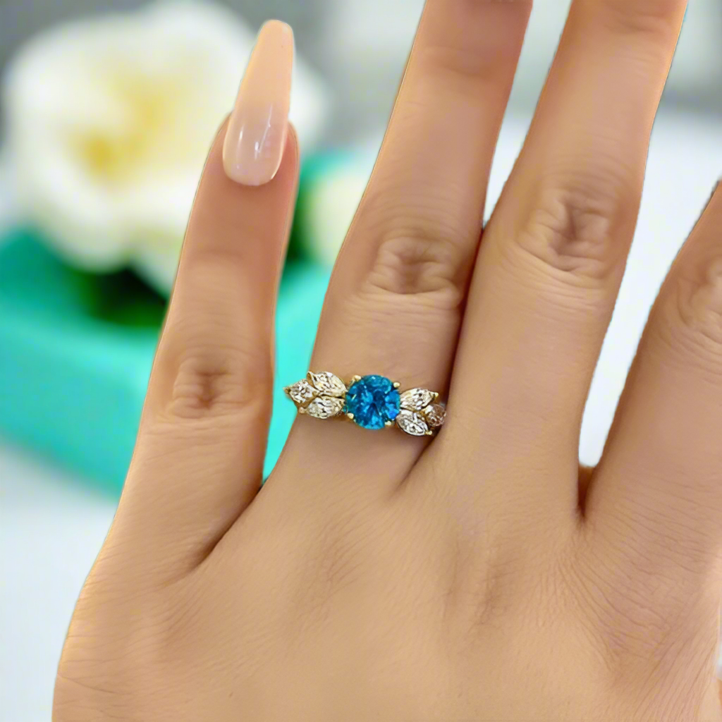 Yellow Gold Round Cut Montana Blue Sapphire Vintage Engagement Ring-Evani Naomi Jewelry