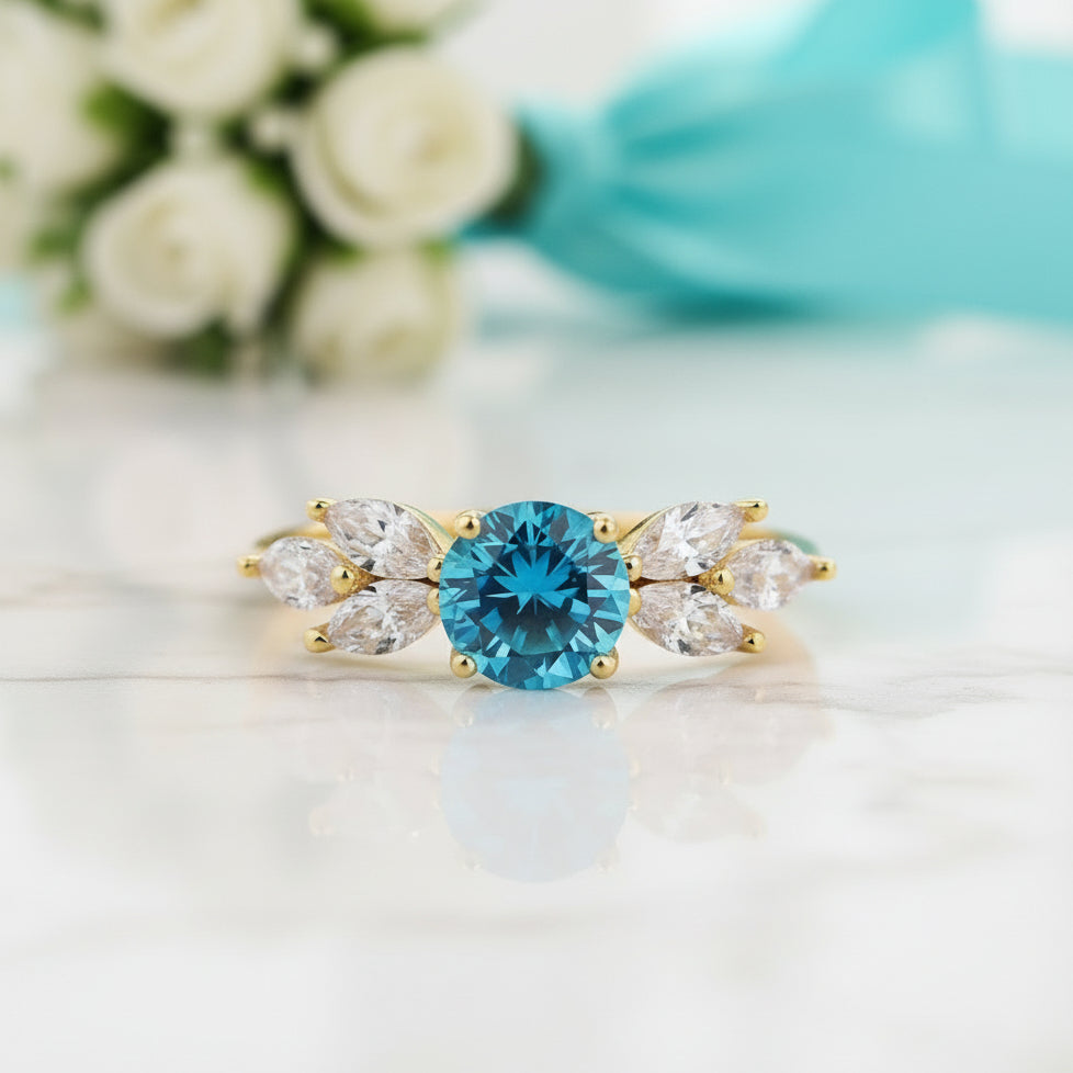 Yellow Gold Round Cut Montana Blue Sapphire Vintage Engagement Ring-Evani Jewelry