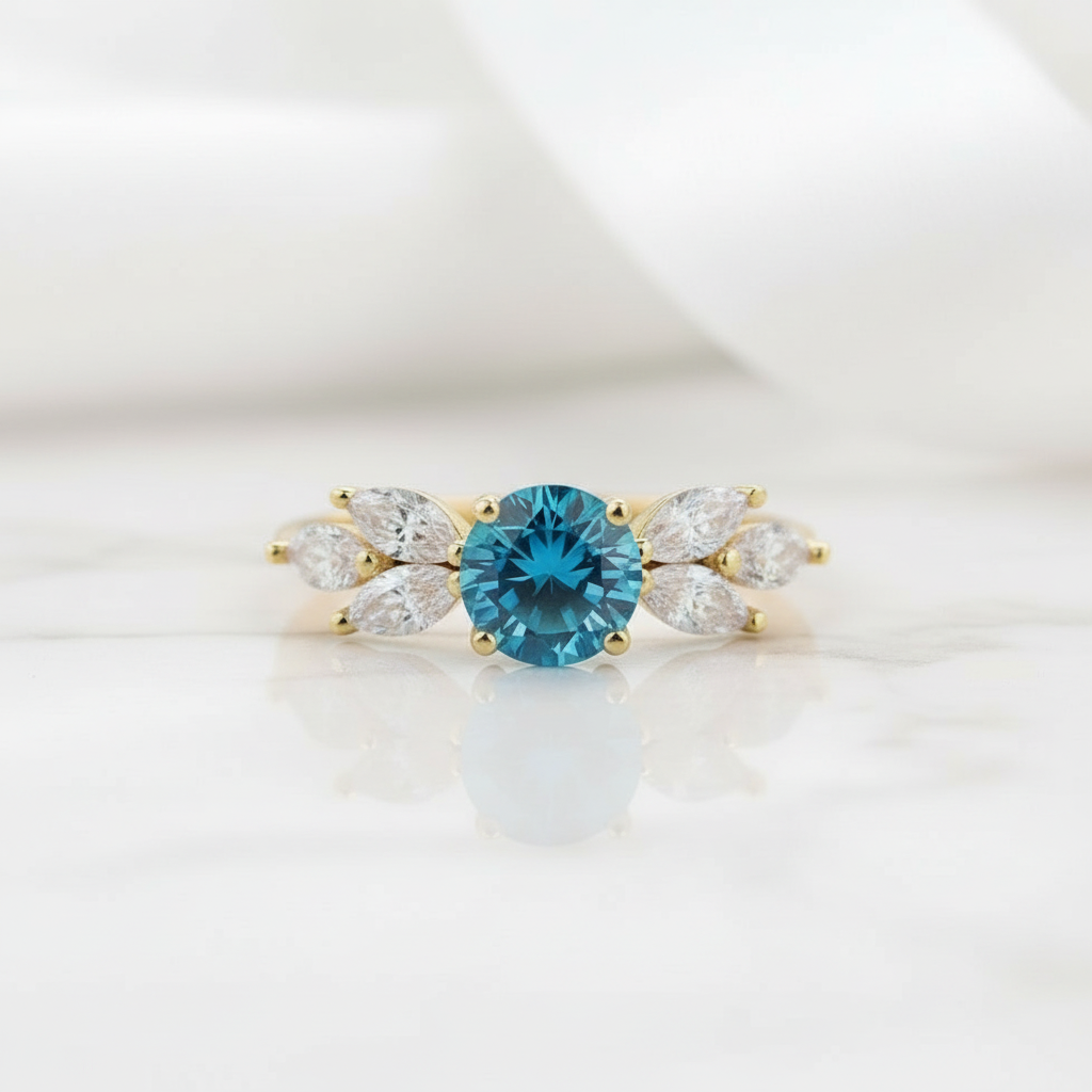 Yellow Gold Round Cut Montana Blue Sapphire Vintage Engagement Ring