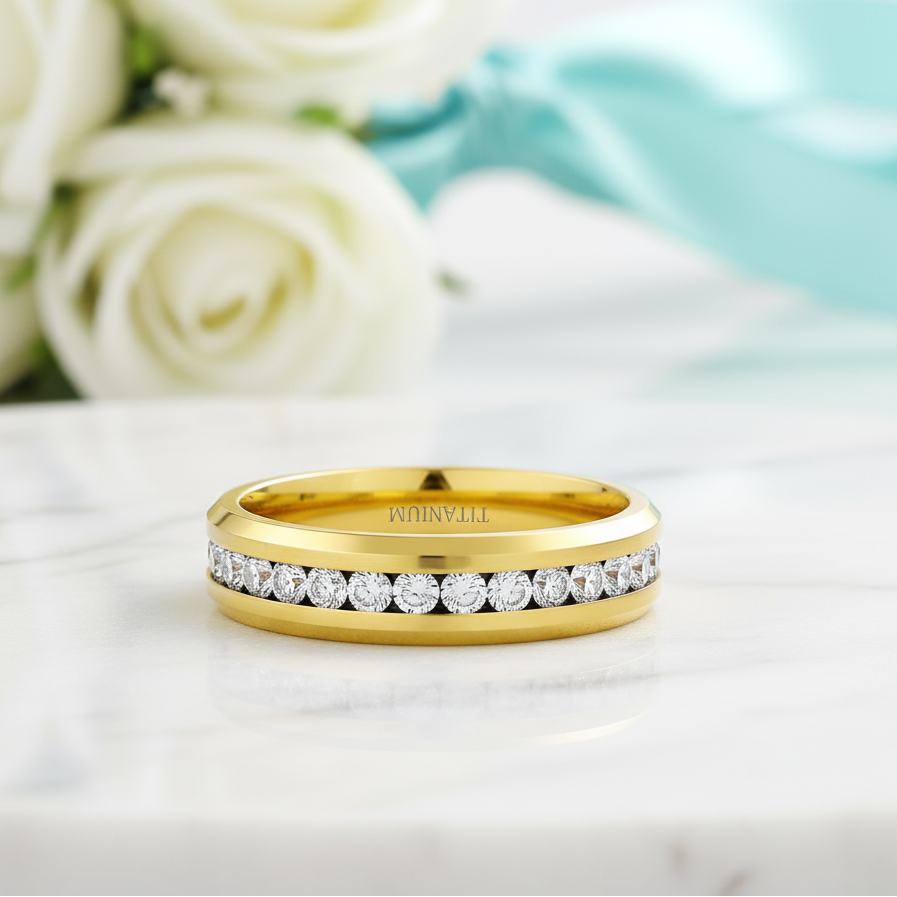 Yellow Gold Titanium with Diamond Wedding Band-Evani Jewelry