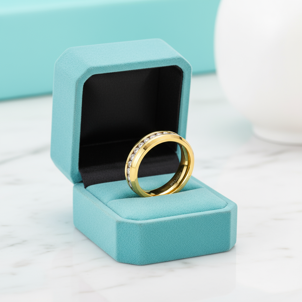 Yellow Gold Titanium with Diamond Wedding Band-Evani Jewelry