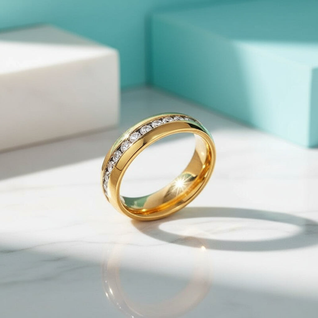 Yellow Gold Titanium with Diamond Wedding Band-Evani Jewelry