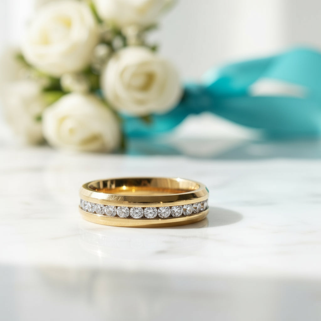 Yellow Gold Titanium with Diamond Wedding Band-Evani Jewelry