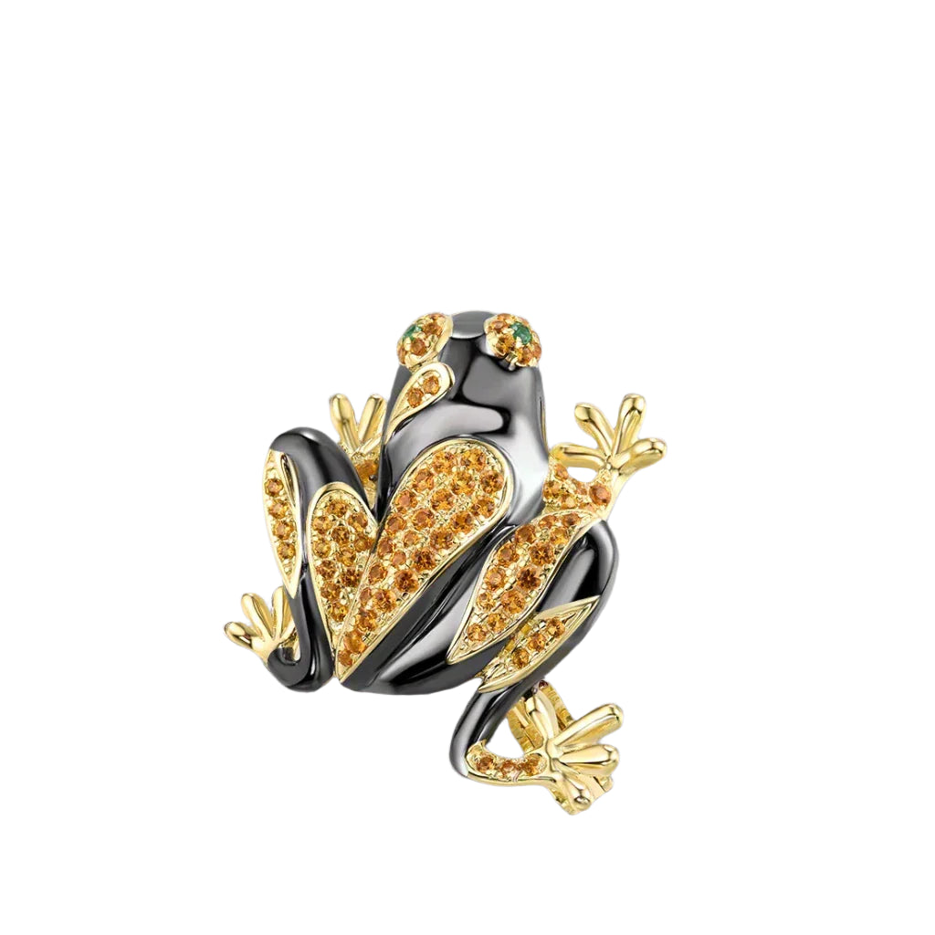 Yellow Nano Crystal Black Enamel Frog Brooch-Evani Naomi Jewelry