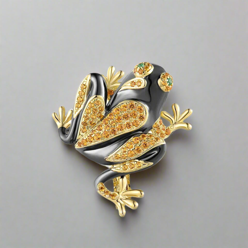 Yellow Nano Crystal Black Enamel Frog Brooch-Evani Naomi Jewelry