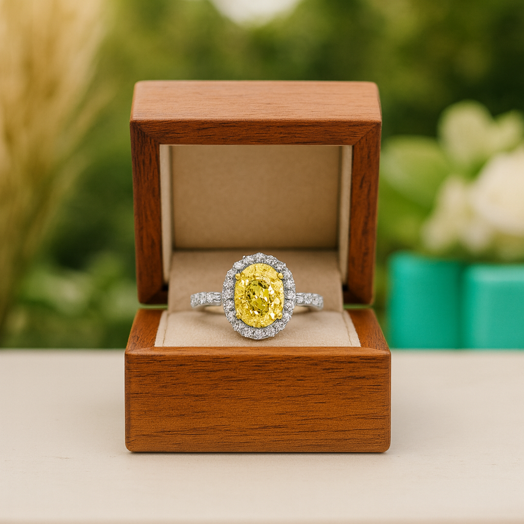 Yellow diamond ring in a wooden box with a blurred green background