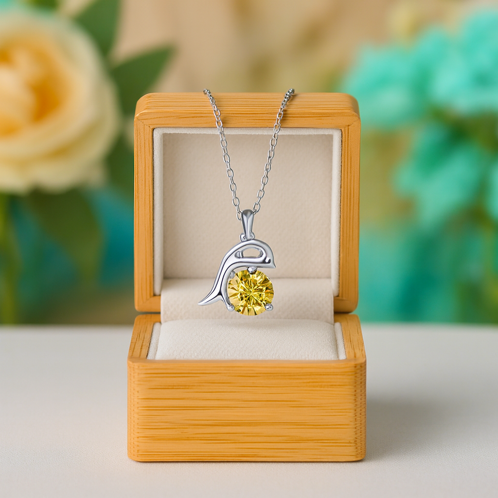 Yellow gemstone necklace in a wooden box with a floral background