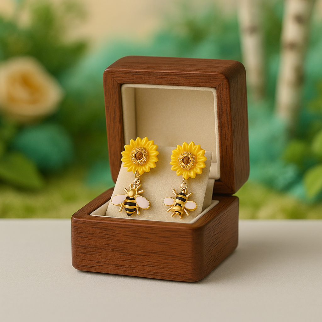 Yellow sunflower earrings with bee designs in a wooden box against a blurred natural background
