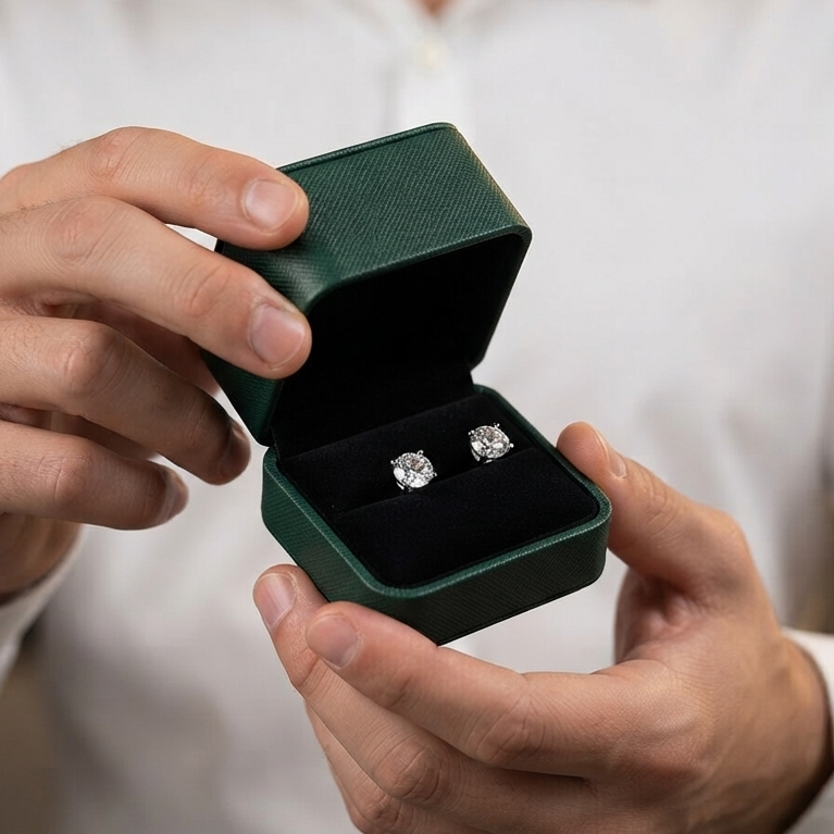 A person in a white button-up shirt holds an open dark green jewelry box displaying a pair of silver stud earrings with clear gemstones.