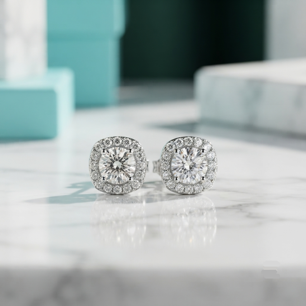 A pair of round halo stud earrings with sparkling clear gemstones in a silver-toned setting, displayed on a white marble surface with a soft-focus turquoise and dark background.