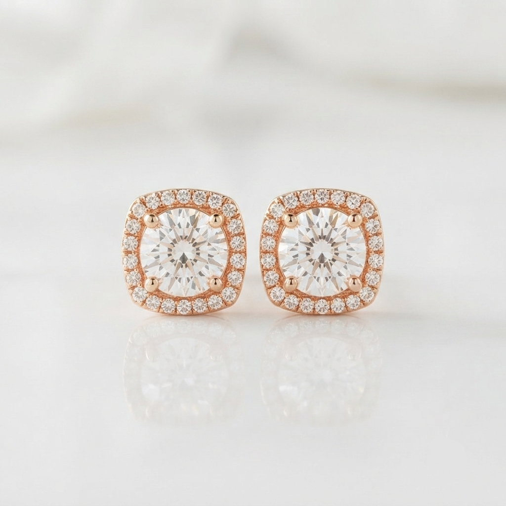 A pair of square cushion-cut halo stud earrings featuring large clear center stones surrounded by smaller round stones in a rose gold setting, displayed on a clean white reflective surface.