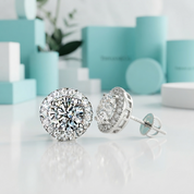 A pair of round halo stud earrings in silver-tone metal with clear gemstones, shown on a reflective white surface with blurred turquoise jewelry boxes in the background.