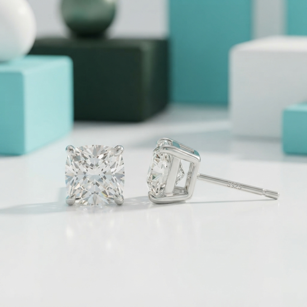 A pair of silver stud earrings with square-cut clear gemstones, displayed on a reflective white surface with soft-focus turquoise and white geometric blocks in the background.
