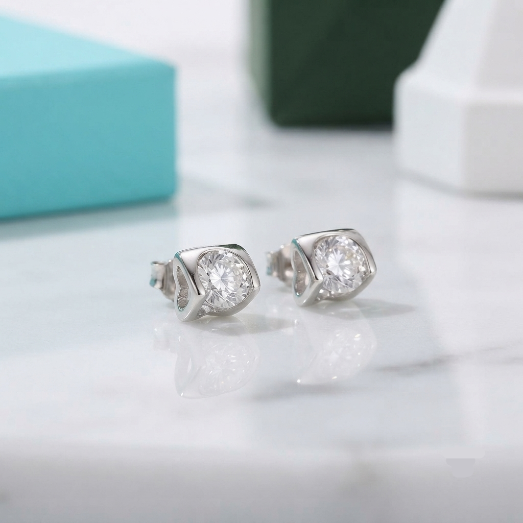 A pair of silver-toned stud earrings with round clear gemstones in a square bezel setting, resting on a white marble surface with a blurred turquoise box in the background.