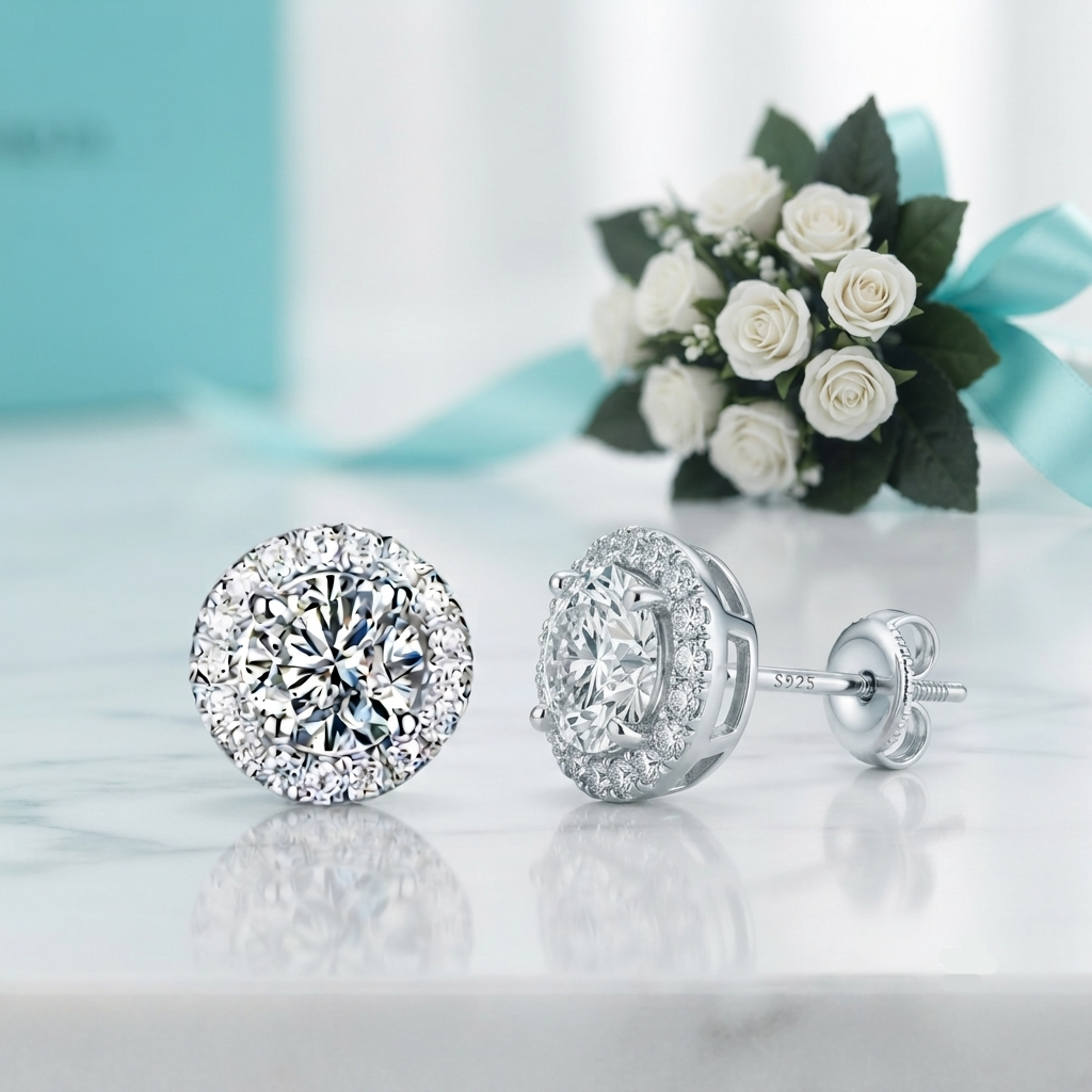 A pair of round halo stud earrings in silver-toned metal with clear gemstones, displayed on a white marble surface with a bouquet of white roses and a light blue ribbon in the background.
