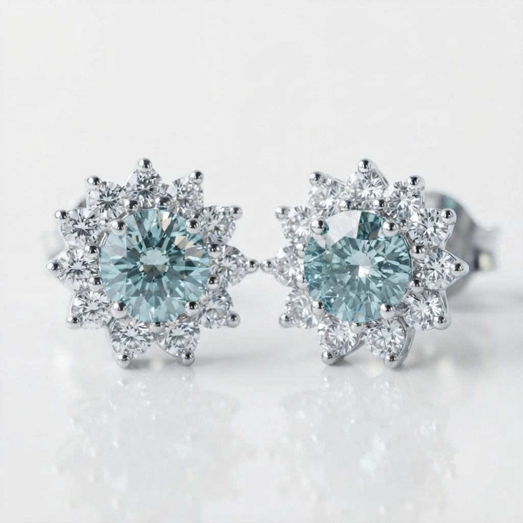 A pair of silver-toned halo stud earrings featuring round light blue gemstones surrounded by clear accent stones, shown on a clean white background.