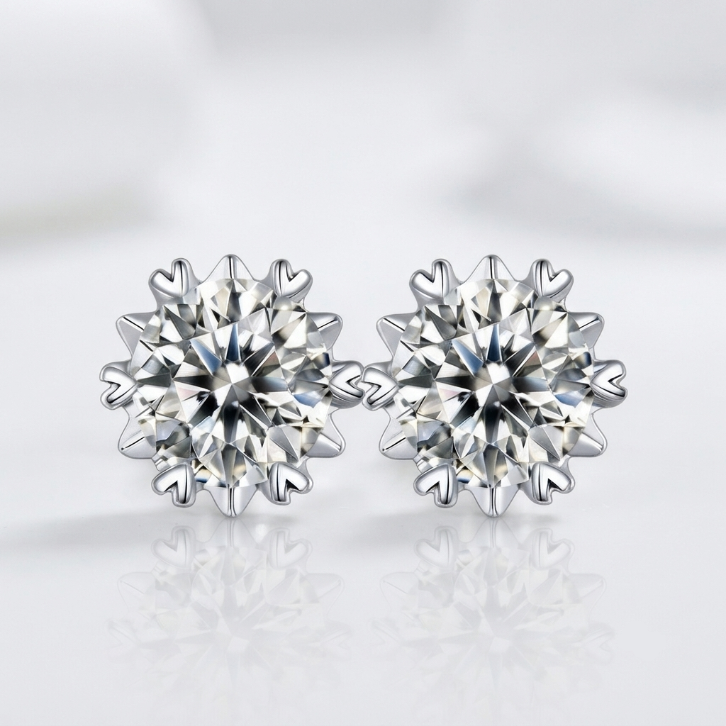 A pair of round brilliant-cut diamond stud earrings in a snowflake or starburst cluster setting, shown on a clean white reflective surface.