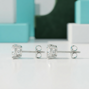 A pair of silver stud earrings with clear gemstones, displayed on a clean white surface with a soft-focus turquoise and green background.