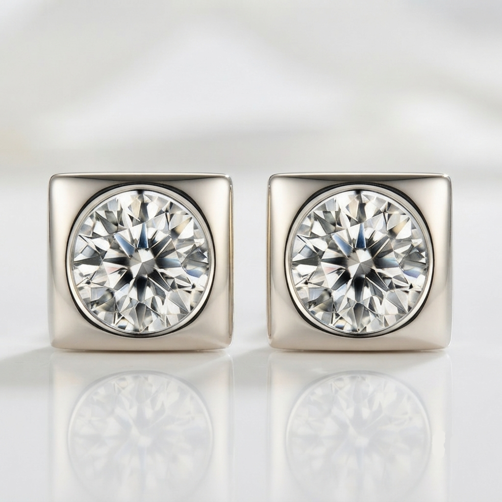 A pair of square stud earrings with large round-cut clear gemstones in a silver-toned bezel setting, shown on a clean white reflective surface.