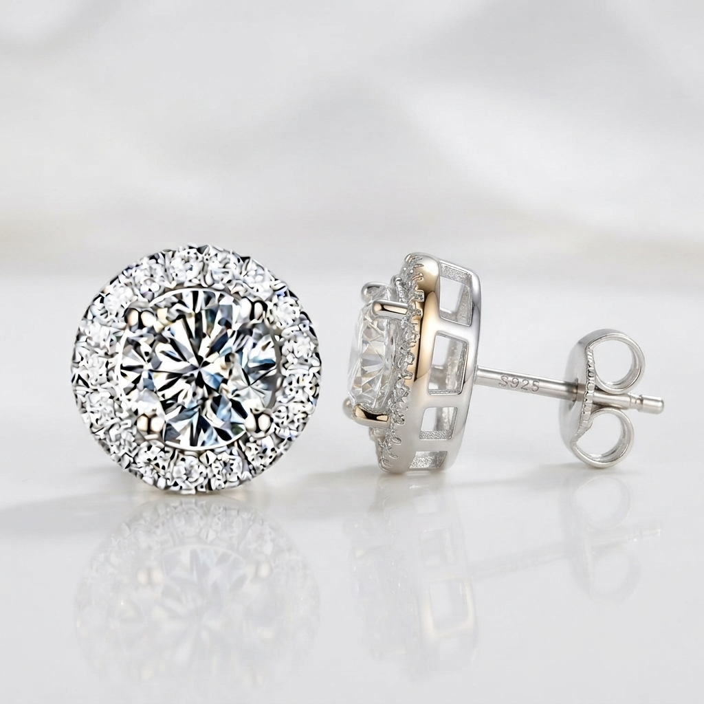 A pair of round halo stud earrings in silver-tone metal with clear gemstones, shown on a clean white reflective surface. One earring is facing forward to show the round cluster setting and post, while the other is angled to show the side profile of the back and post.
