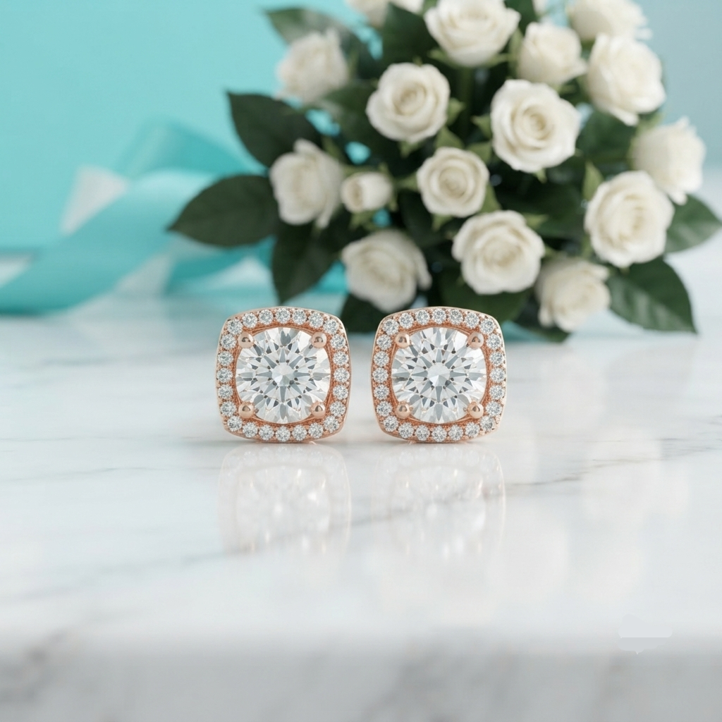 A pair of square cushion-cut stud earrings with large clear center stones and rows of smaller clear stones in rose gold settings, displayed on a white marble surface with white roses and a turquoise ribbon blurred in the background.