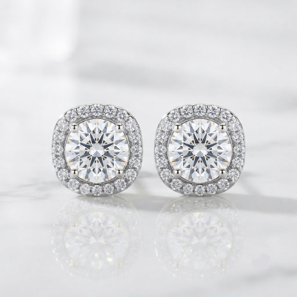 A pair of round cushion-shaped diamond stud earrings with halo settings, displayed on a light marble surface with soft reflections.