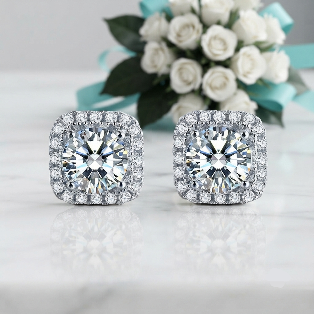 A pair of square cushion-cut halo stud earrings with brilliant round center stones and surrounding rows of small clear stones, displayed on a light marble surface with white roses and a turquoise ribbon in the background.