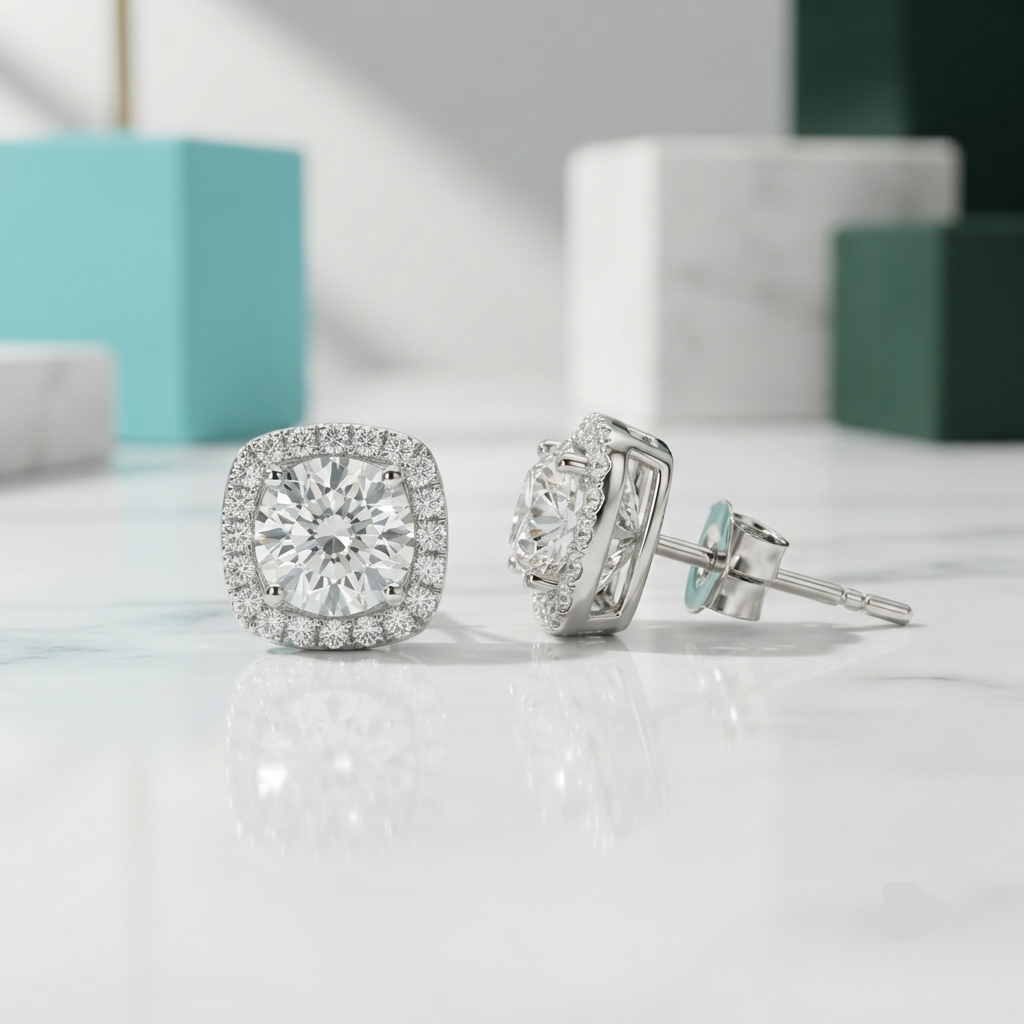 A pair of silver-toned halo stud earrings with round-cut clear stones, shown on a white marble surface with soft blurred decorative blocks in the background.