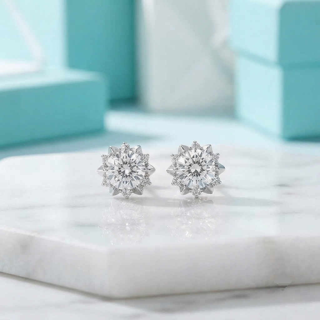 A pair of round silver stud earrings with clear gemstones, displayed on a white marble slab with blurred turquoise jewelry boxes in the background.