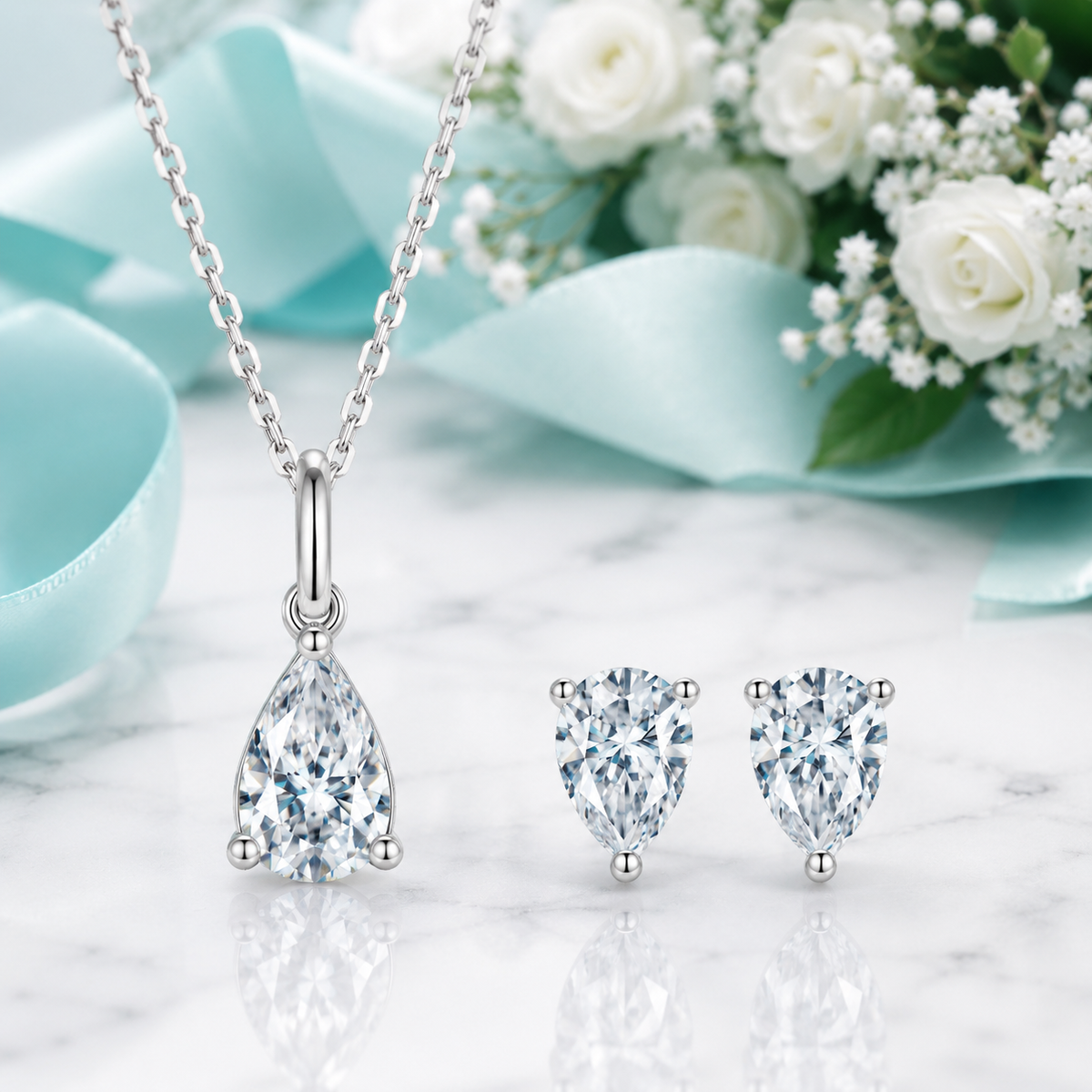 1.0 Ct Pear Diamond Option Classic Stud Earrings and Necklace