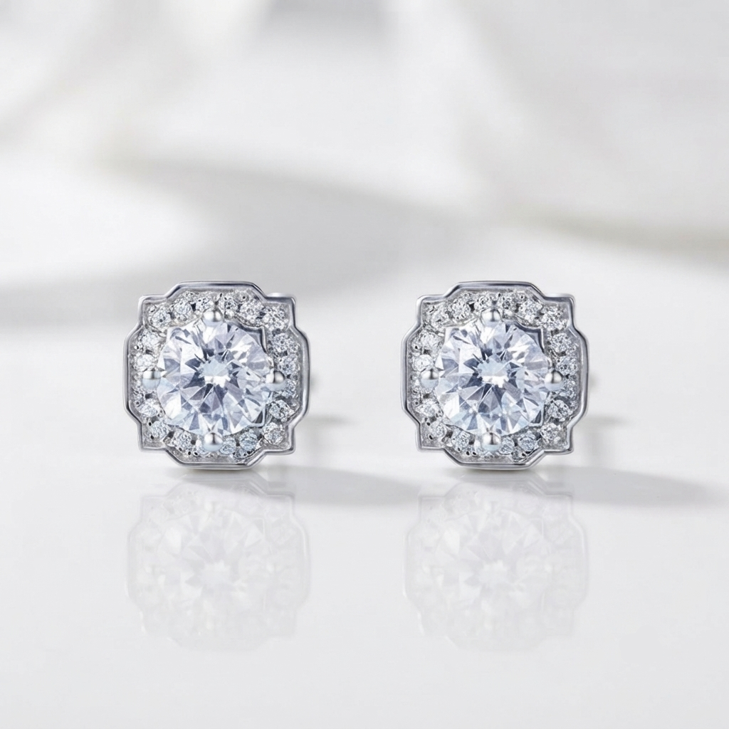 A pair of silver-toned stud earrings with large round clear center stones and smaller surrounding stones, shown on a clean white reflective surface.
