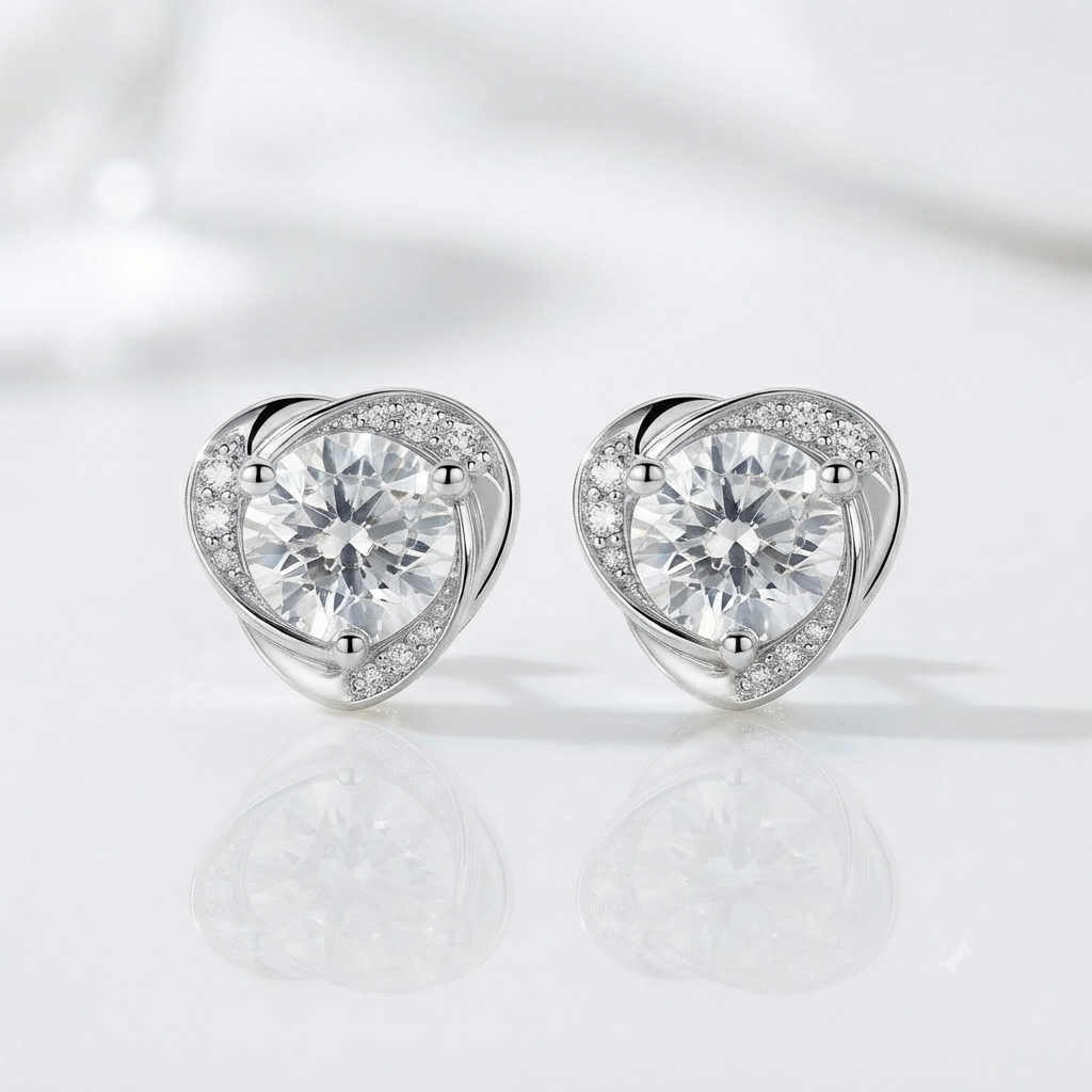 A pair of silver heart-shaped stud earrings with a large clear round center stone and a halo of smaller clear stones, displayed on a clean white reflective surface.