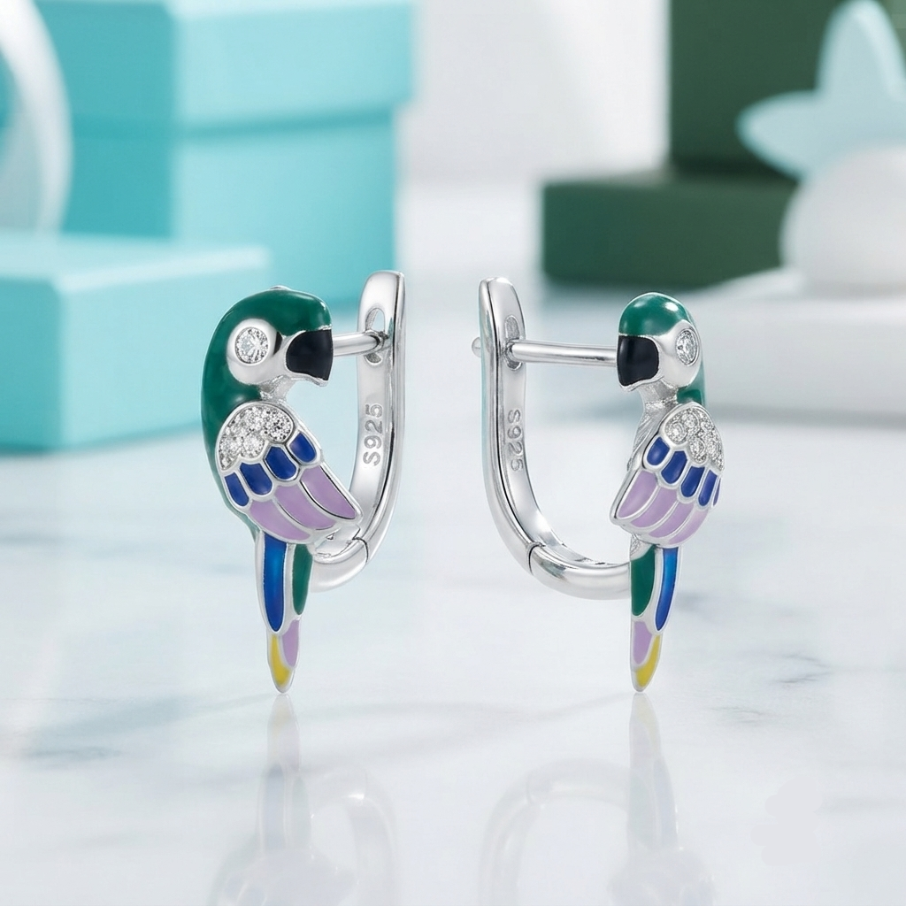 Cute Diamond Option Parrot Hoop Earrings