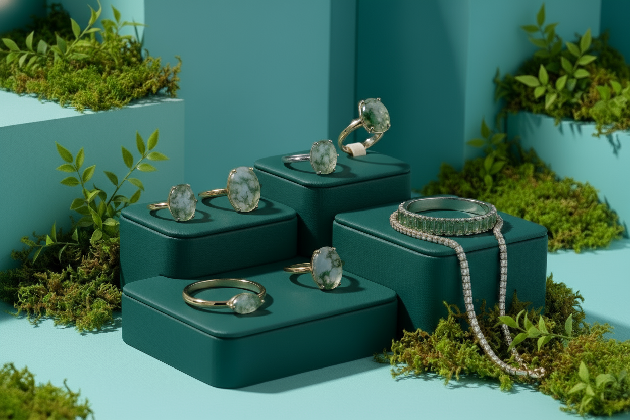 Jewelry set including rings and a bracelet on green boxes with a natural background