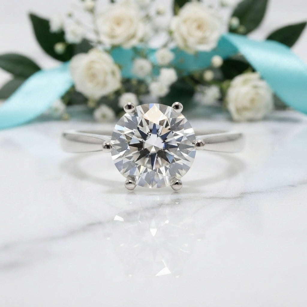 A round brilliant-cut diamond solitaire ring in a silver-colored setting, displayed on a white marble surface with a blurred bouquet of white roses and a light blue ribbon in the background.