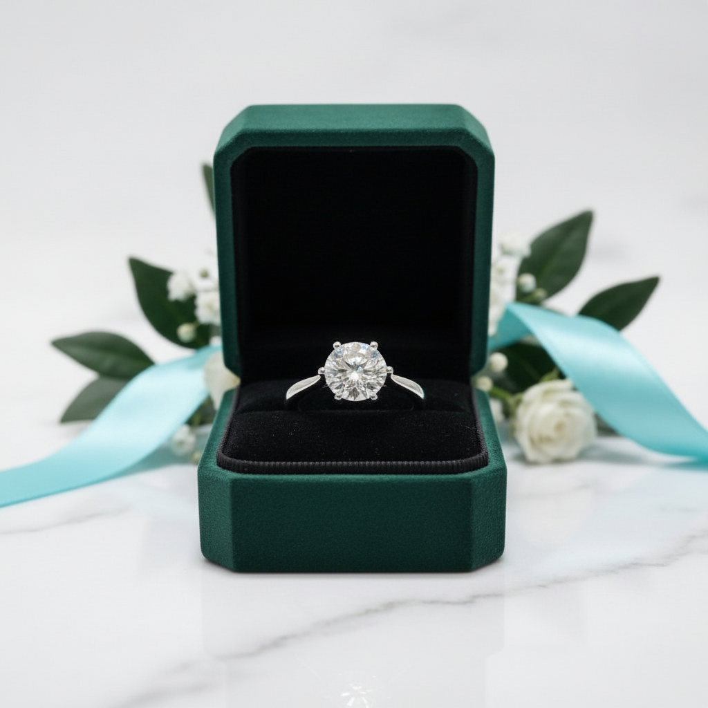 A silver engagement ring with a round-cut clear gemstone displayed in an open dark green velvet box on a white marble surface, with white flowers and a light blue ribbon in the background.