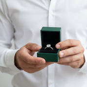 A silver engagement ring with a round-cut clear gemstone is displayed in an open dark green jewelry box, held by a person wearing a white button-down shirt.