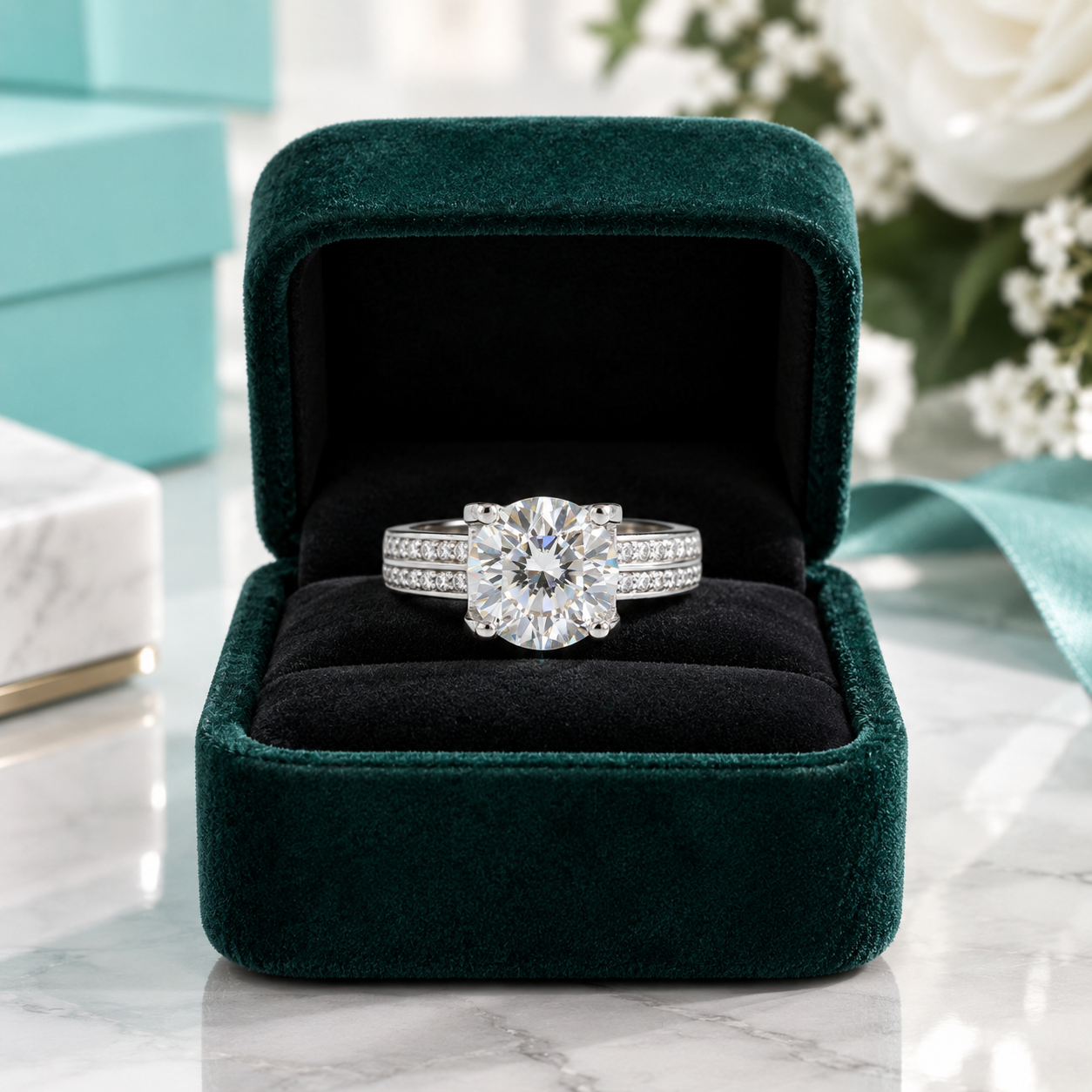 A silver engagement ring with a round-cut center stone and pavé band, displayed in an open dark green velvet ring box on a marble surface with blurred turquoise boxes and white flowers in the background.