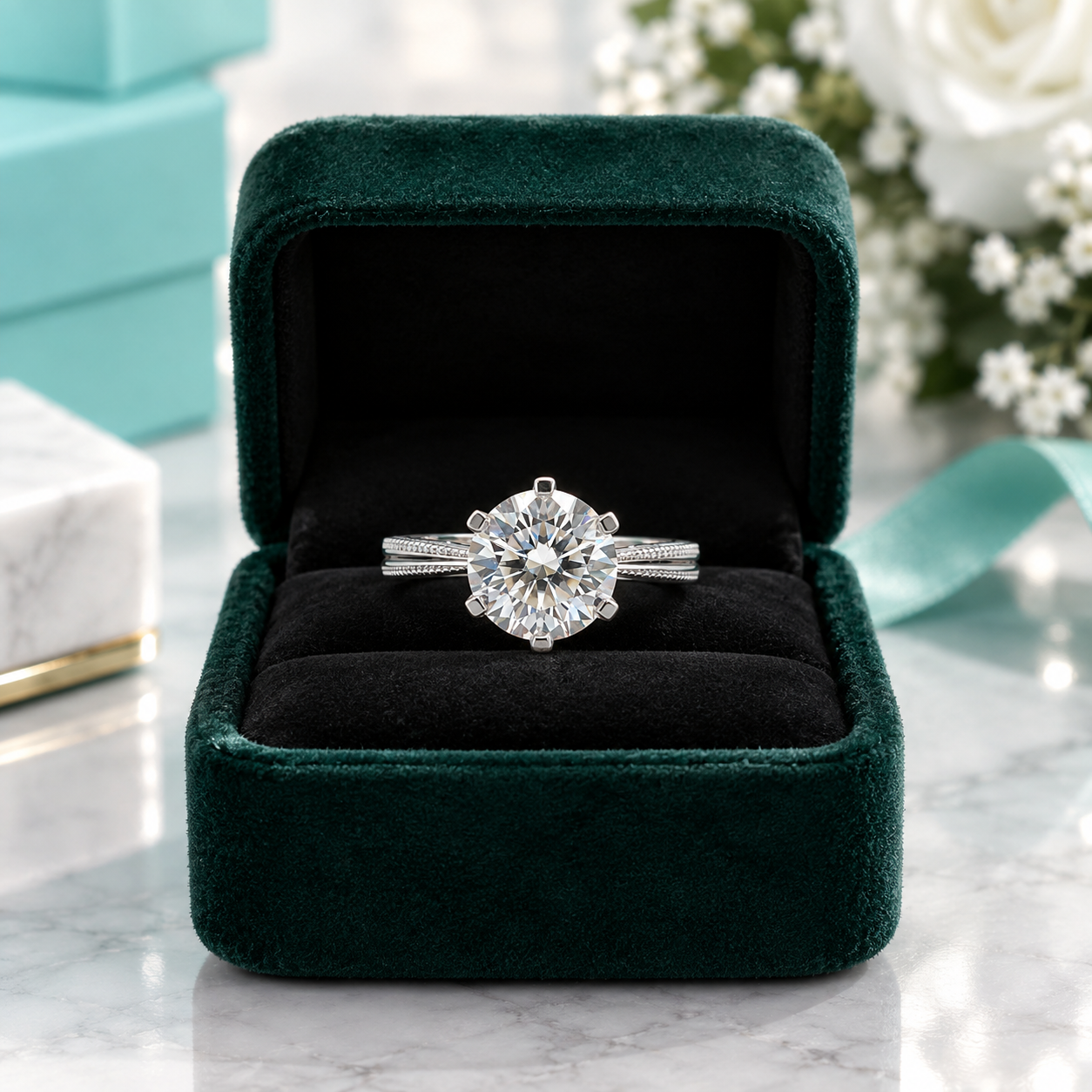 A round-cut diamond engagement ring in a silver-toned solitaire setting, presented inside an open dark green velvet ring box on a white marble surface with blurred floral and gift box props in the background.